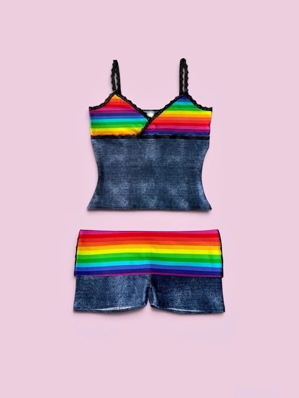 Kids Rainbow Stripe Denim-Style Matching Set